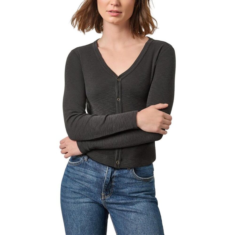 Lilla P Womens Ribbed Slub Snap V-Neck